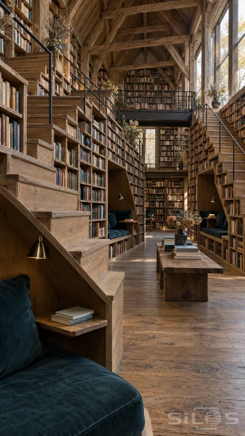 Stepped oak bookshelves form stairways around teal reading alcoves; with an upper footbridge beneath heavy timber roof beams.