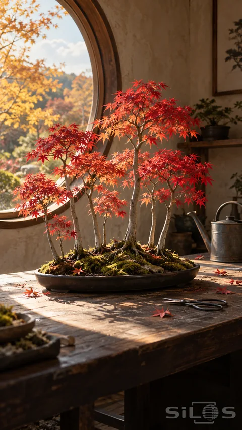 A red maple bonsai forest grows in a shallow dark tray on a wooden table beside a circular window.
