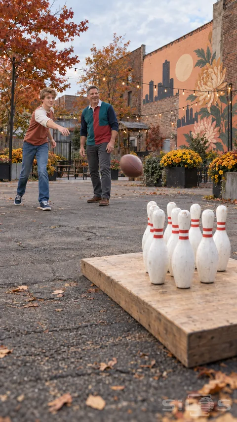 A father and teenage son play a football pin game toward white pins on a plywood platform in an autumn courtyard.
