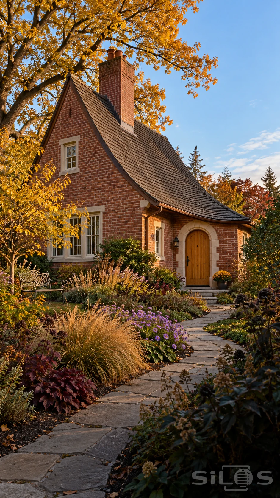 A curved cottage roof slopes above red brick walls and an arched wooden door, with autumn planting along a stone path.