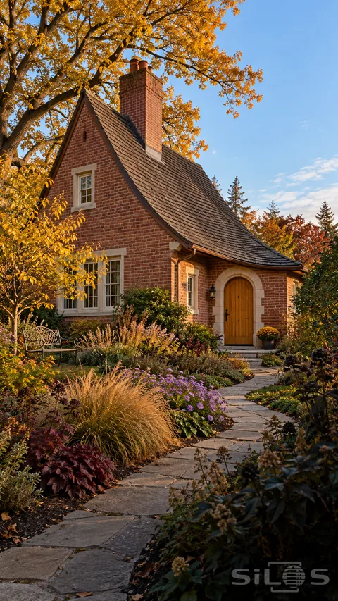A curved cottage roof slopes above red brick walls and an arched wooden door; with autumn planting along a stone path.
