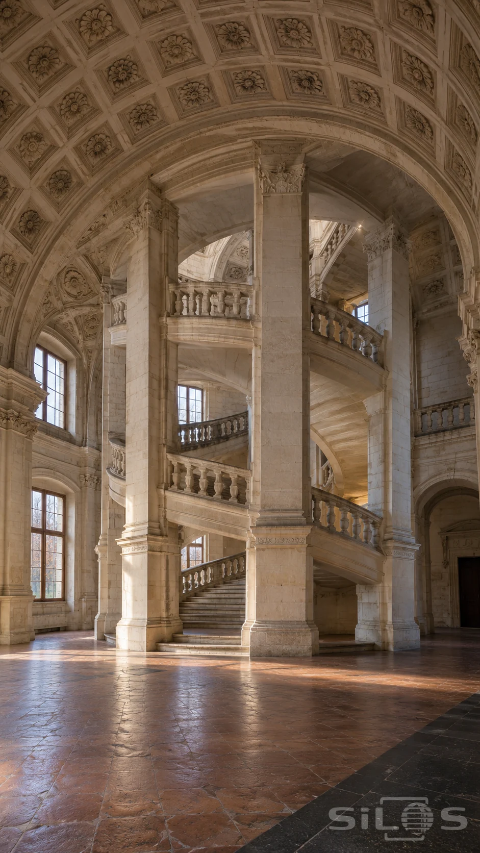 Curving limestone staircase between tall piers beneath a floral coffered vault, with warm light on terracotta flooring.