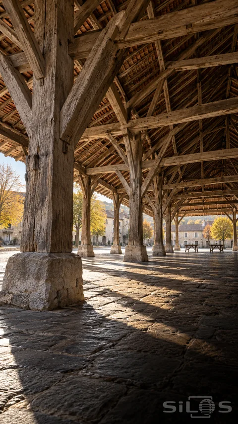 Heavy timber posts branch into roof braces above a stone market floor; with open sides and long diagonal shadows.