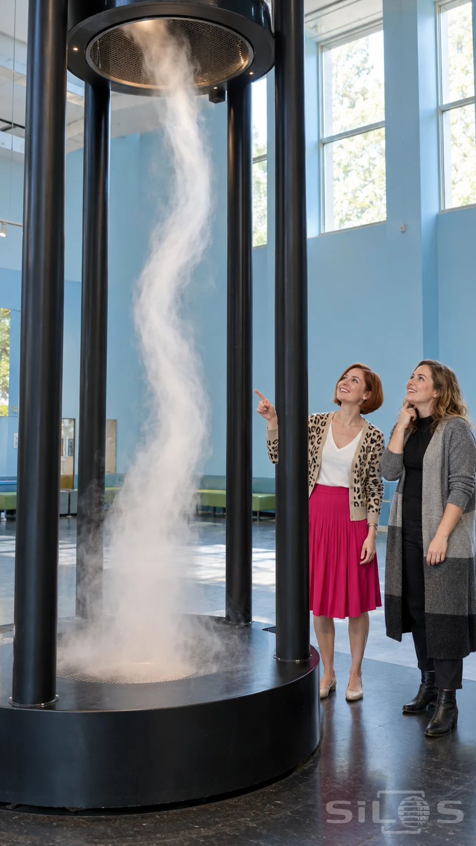 A museum tornado rises between black columns as two women in patterned cardigans smile and watch the twisting mist.
