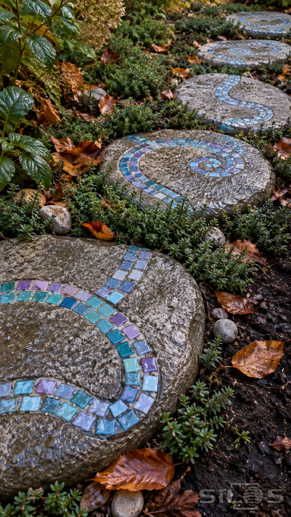 Round mosaic stones with looping turquoise and lilac tile bands form a path through wet thyme, pebbles and copper autumn leaves.