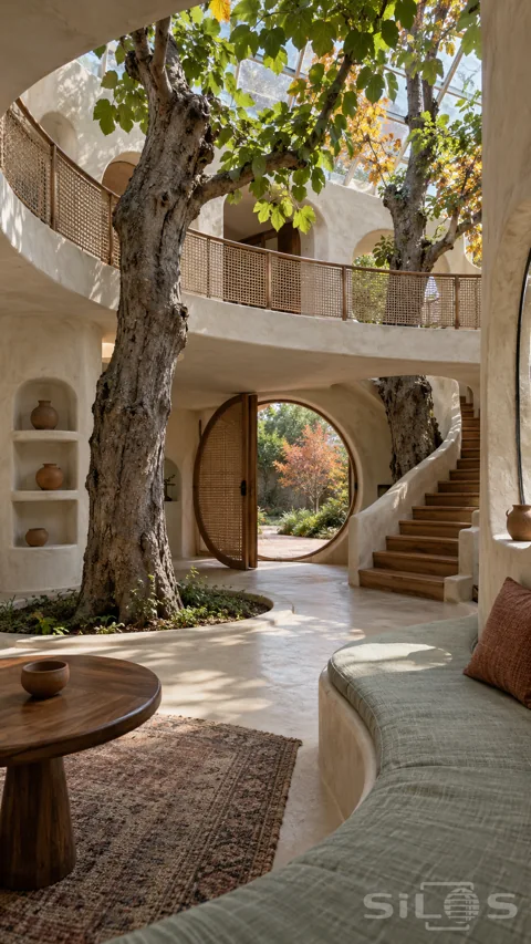 Two mature fig trees grow through an ivory plaster interior with a woven gallery railing; curved timber stair; round garden door and celadon bench.