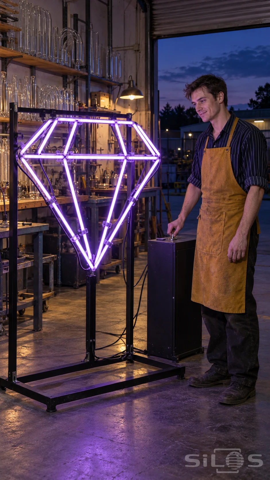 A maker in a mustard work apron tests a violet neon diamond mounted on a black steel frame inside a glass workshop at dusk.