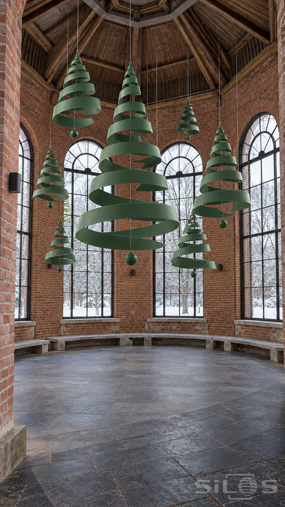 Seven matte green spiral decorations hang in a red brick rotunda with tall arched windows, timber roof and snowy trees outside.