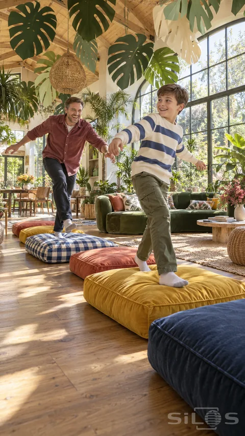 A boy leads his father along a cushion causeway beneath huge paper leaves in a bright plant-filled sitting room.