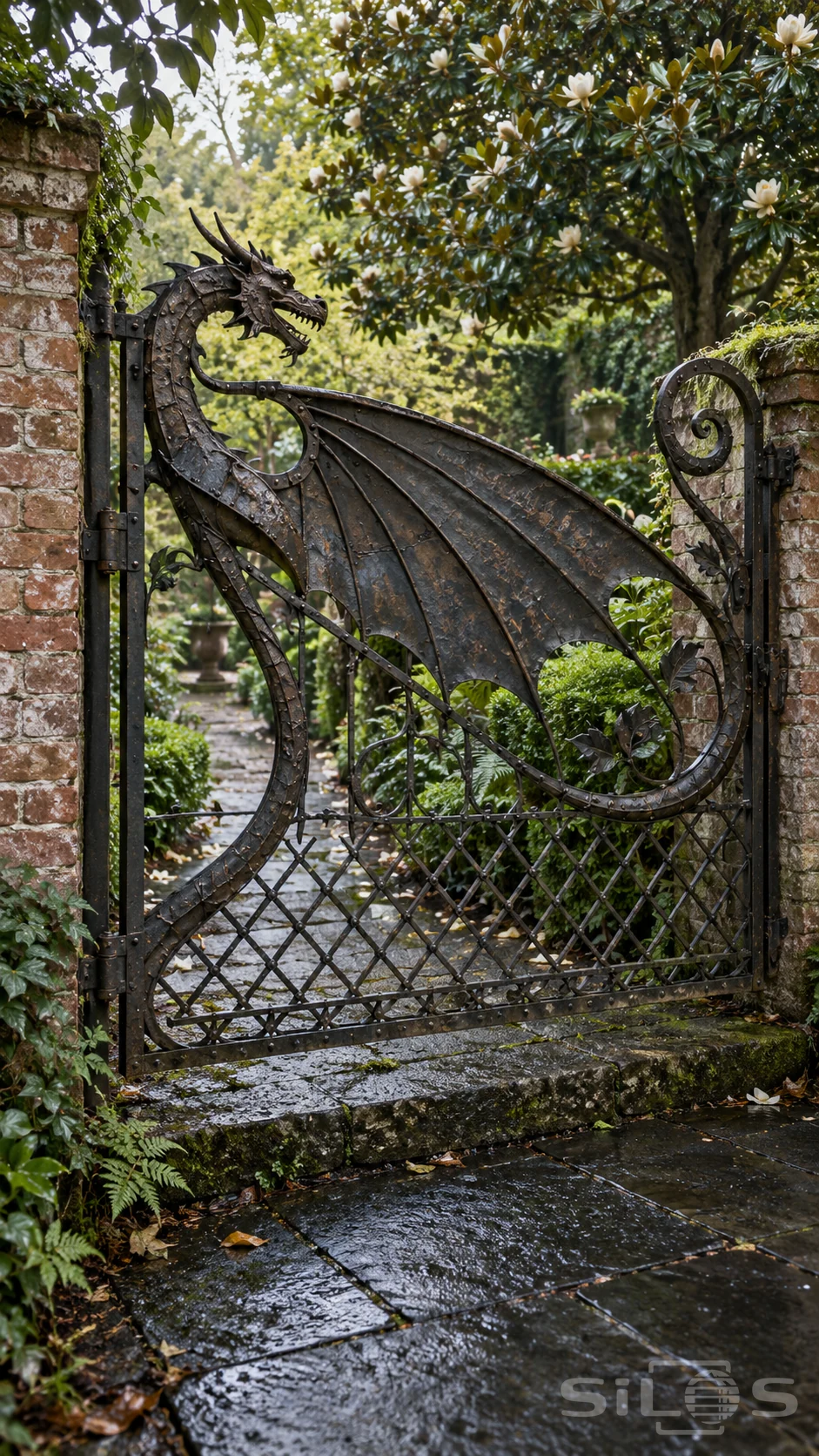 A wrought-iron dragon with a riveted wing and curling tail forms a gate between old brick piers in a lush garden.