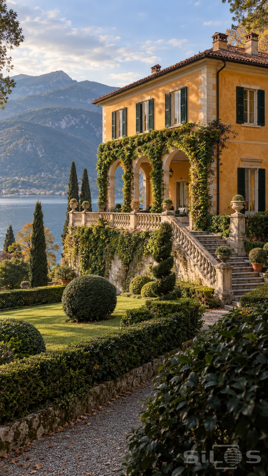 Ochre villa with green shutters, ivy-covered arches and a stone stair above formal gardens beside a mountain lake.