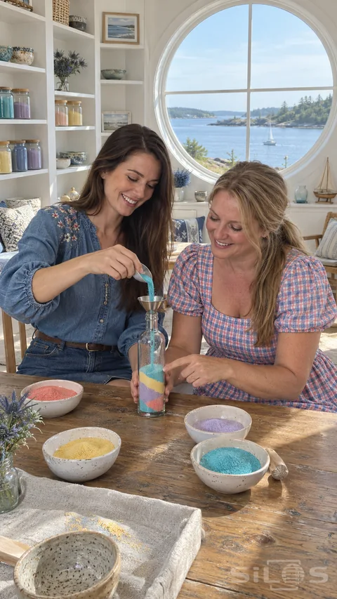 Two friends pour colored sand into sand bottle layers at a wooden table beside a round window overlooking the bay.