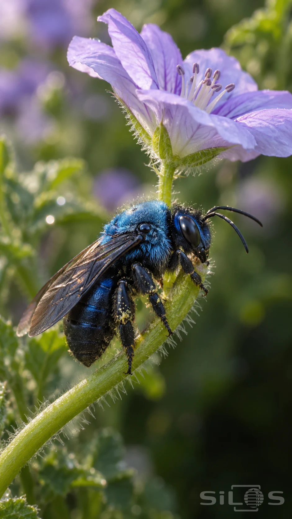 A blue carpenter bee with smoky wings clings to a hairy green stem below a pale purple flower.