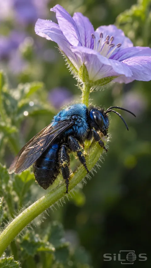 A blue carpenter bee with smoky wings clings to a hairy green stem below a pale purple flower.