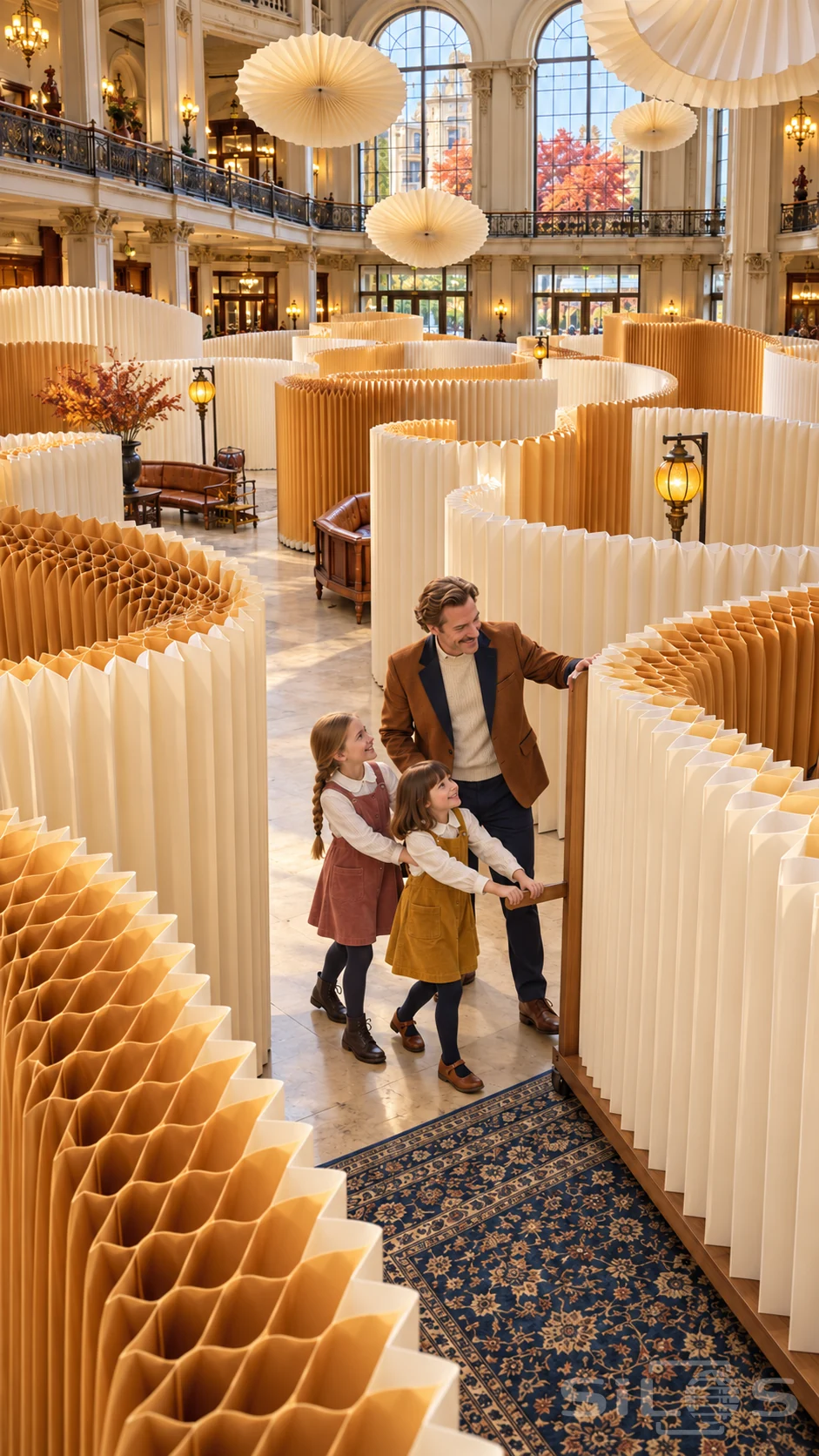 A father and two daughters share an accordion paper canyon with folding walls beneath tall arched atrium windows.