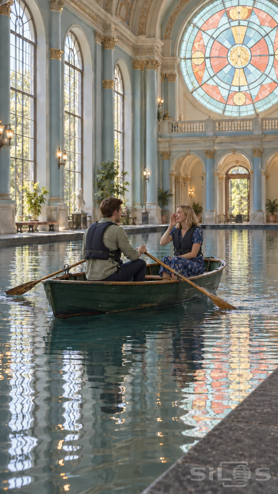 Two adults share a ballroom rowboat beneath tall blue columns and circular stained glass reflected in the indoor water.