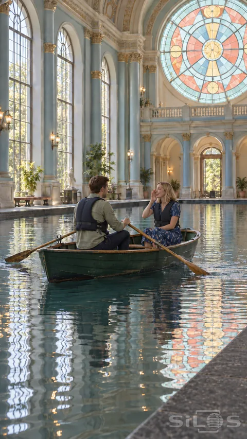 Two adults share a ballroom rowboat beneath tall blue columns and circular stained glass reflected in the indoor water.
