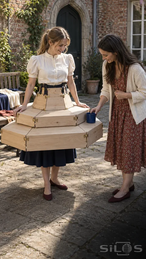 Wooden skirt costume with pale angular tiers and brass hinges as a friend sets a blue enamel cup on its outer edge.
