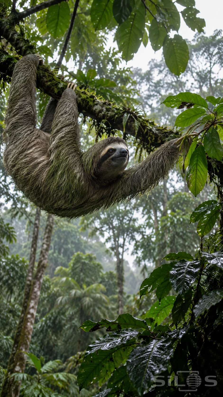 A shaggy sloth hangs beneath a mossy branch and reaches toward leaves, with raindrops on its fur and the canopy.
