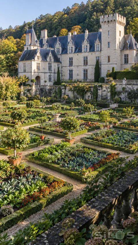 Geometric kitchen garden with clipped hedges; vegetables and potted trees below a pale castle with steep slate roofs.