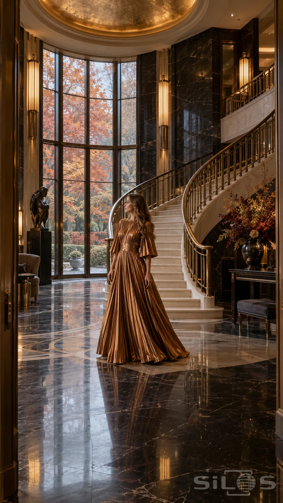 A woman in a copper-gold pleated gown stands in an Art Deco foyer beside a curved staircase and tall autumn windows.