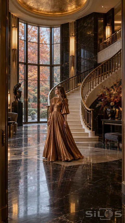A woman in a copper-gold pleated gown stands in an Art Deco foyer beside a curved staircase and tall autumn windows.