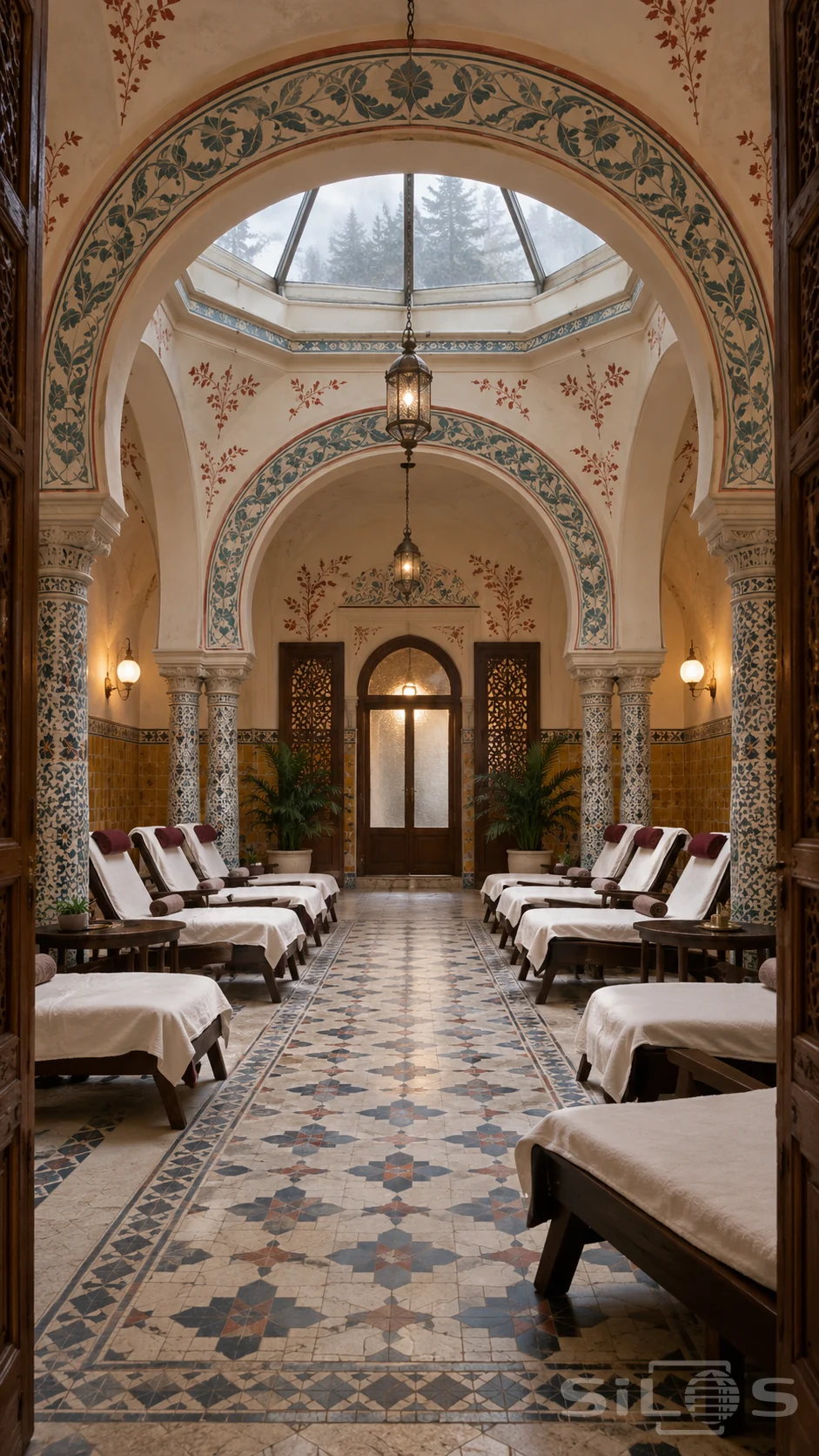 Empty spa resting hall with painted floral arches, patterned columns, white-covered reclining chairs and a glass roof lantern.