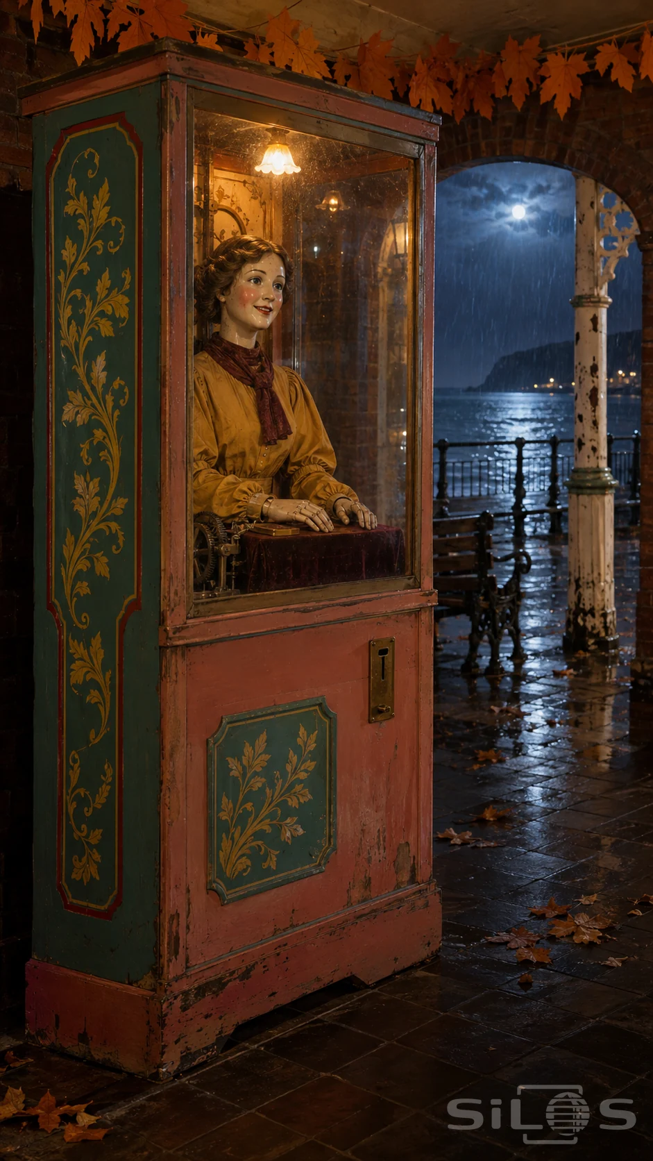 A salmon pink fortune teller cabinet with gold botanical scrolls glows in a dark arcade alcove.
