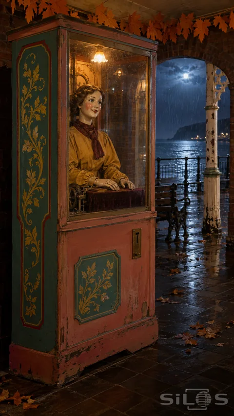 A salmon pink fortune teller cabinet with gold botanical scrolls glows in a dark arcade alcove.