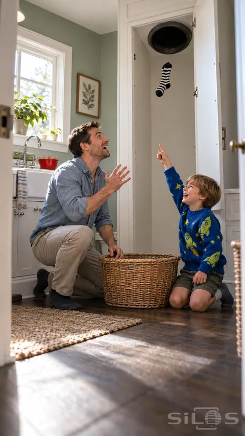 A laundry chute surprise as a striped sock falls toward a wicker basket and a father and son laugh beside the open cabinet.