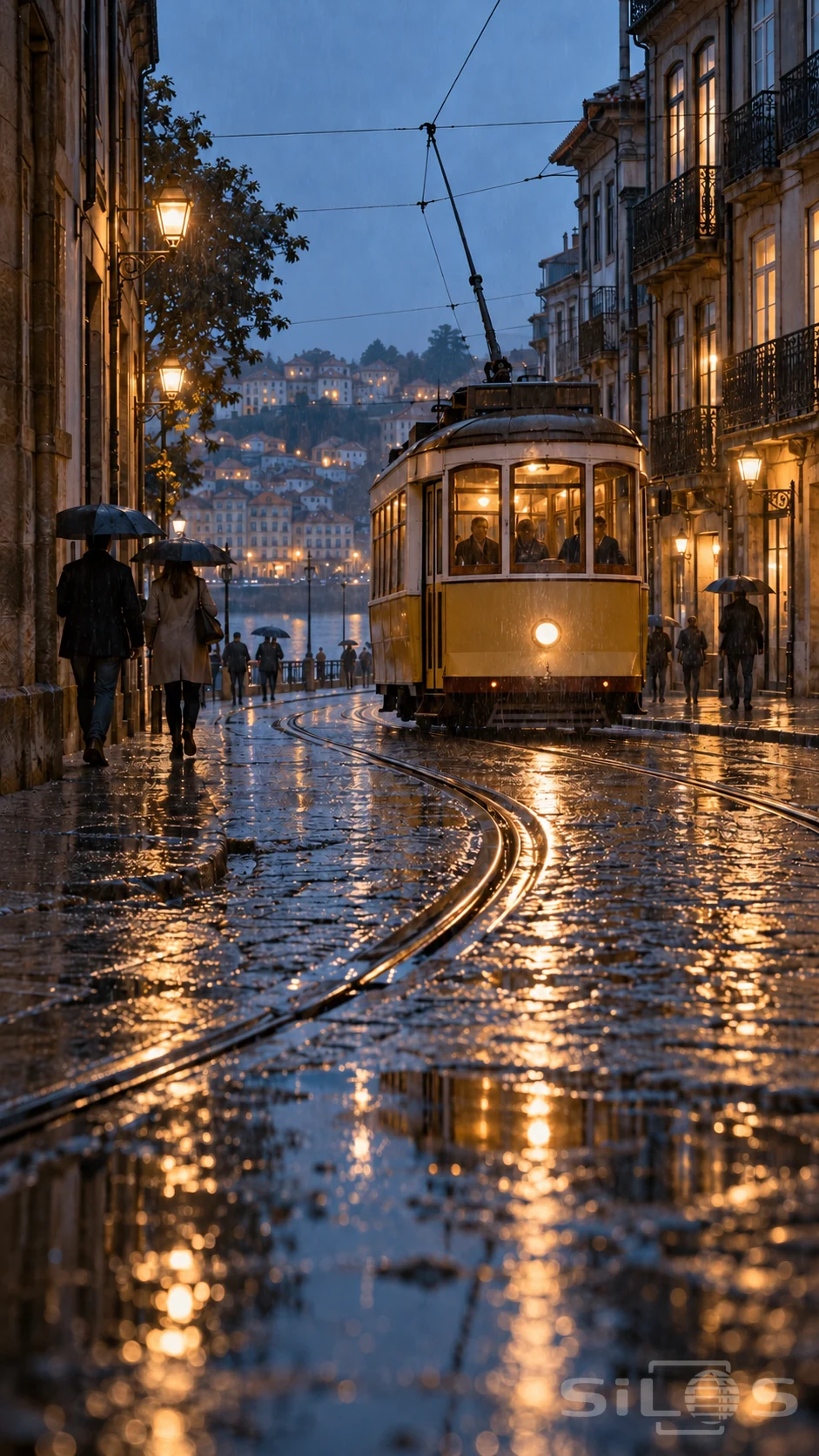 A rainy yellow tram rounds a stone corner on curved rails, with umbrellas, an overhead wire and gold reflections across wet cobblestones.