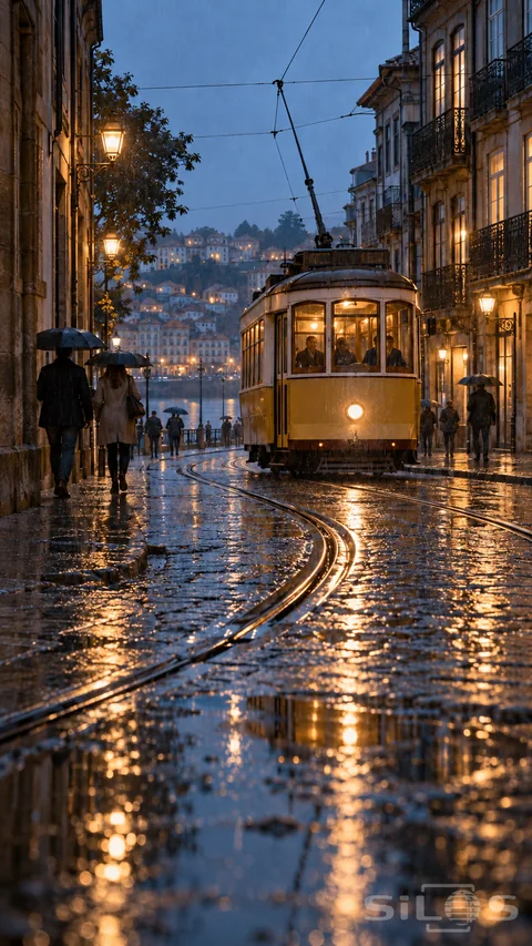 A rainy yellow tram rounds a stone corner on curved rails; with umbrellas; an overhead wire and gold reflections across wet cobblestones.