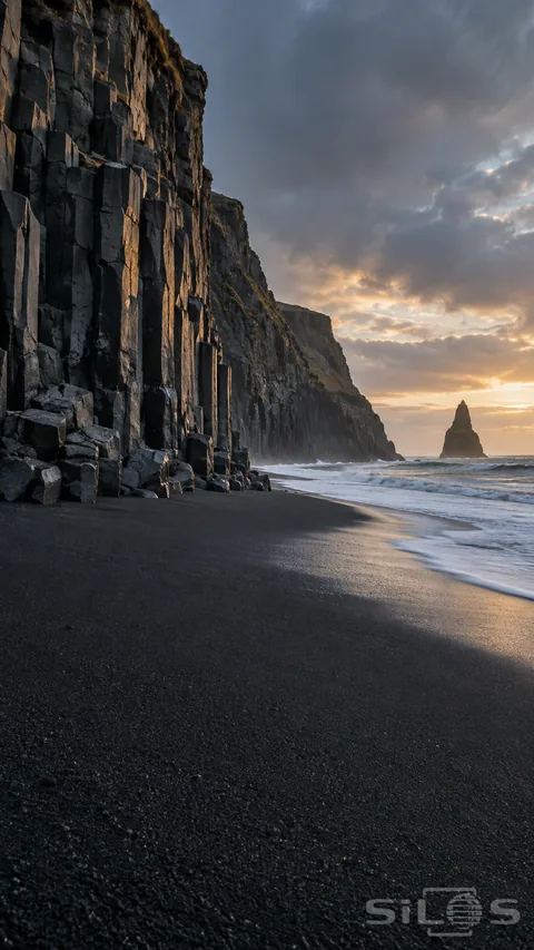 Tall basalt columns rise above wet black sand while white surf curves toward a distant sea stack in pale dawn light.