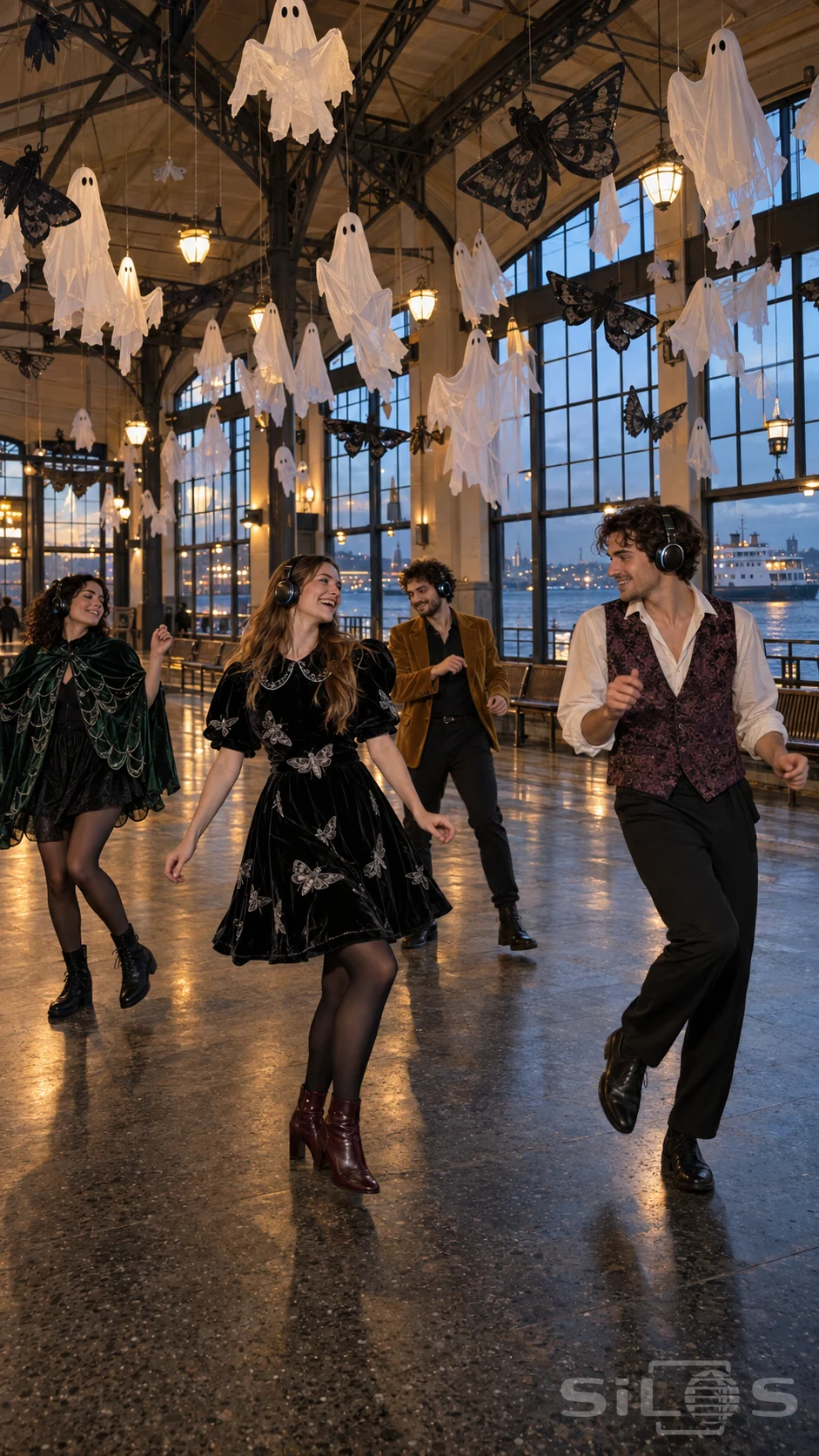 Halloween silent disco with four dancing friends in headphones beneath paper ghosts and moths in a harbor waiting hall.