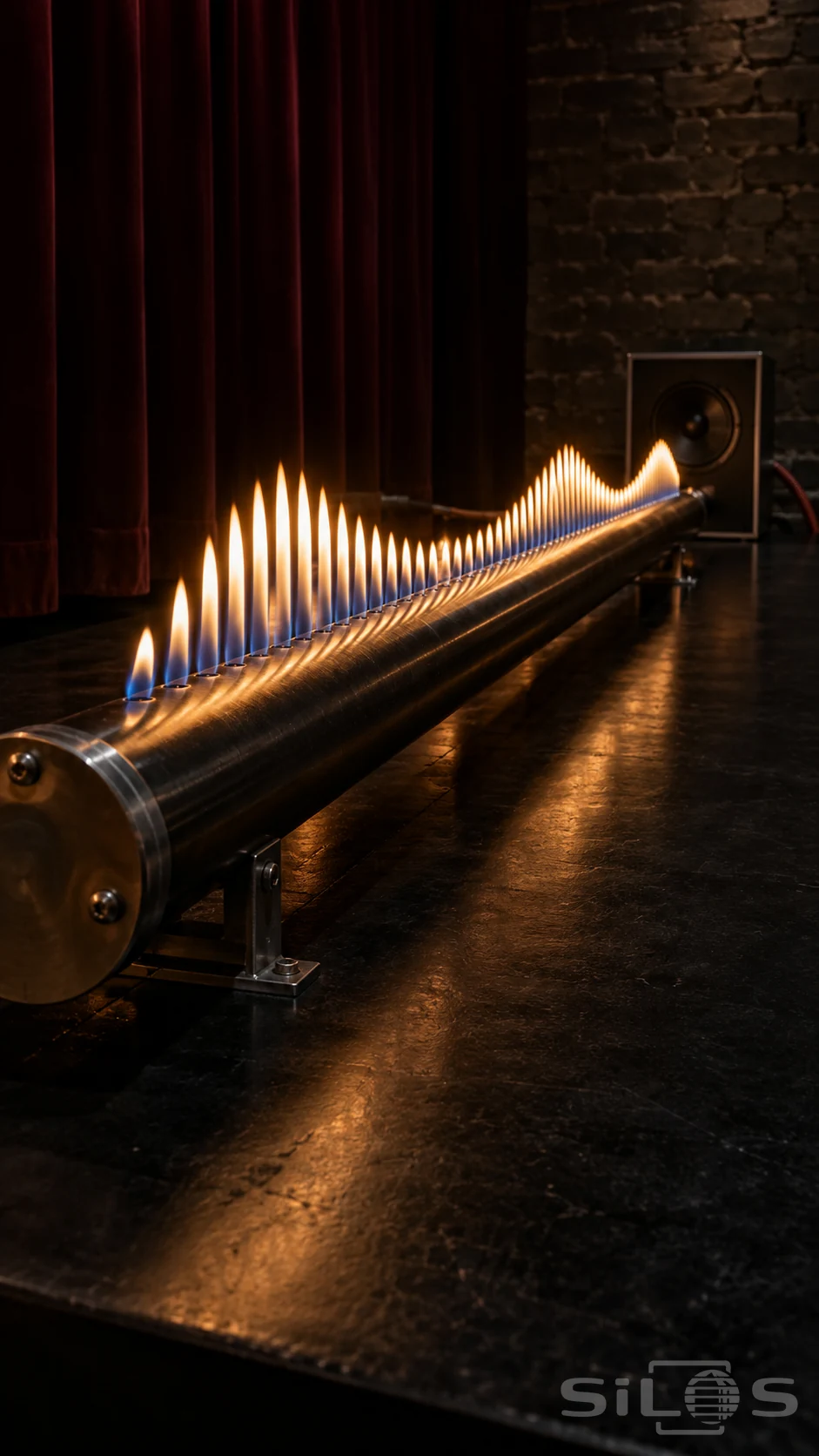 Rubens tube flames rising and falling along a diagonal polished metal tube on a dark demonstration bench.