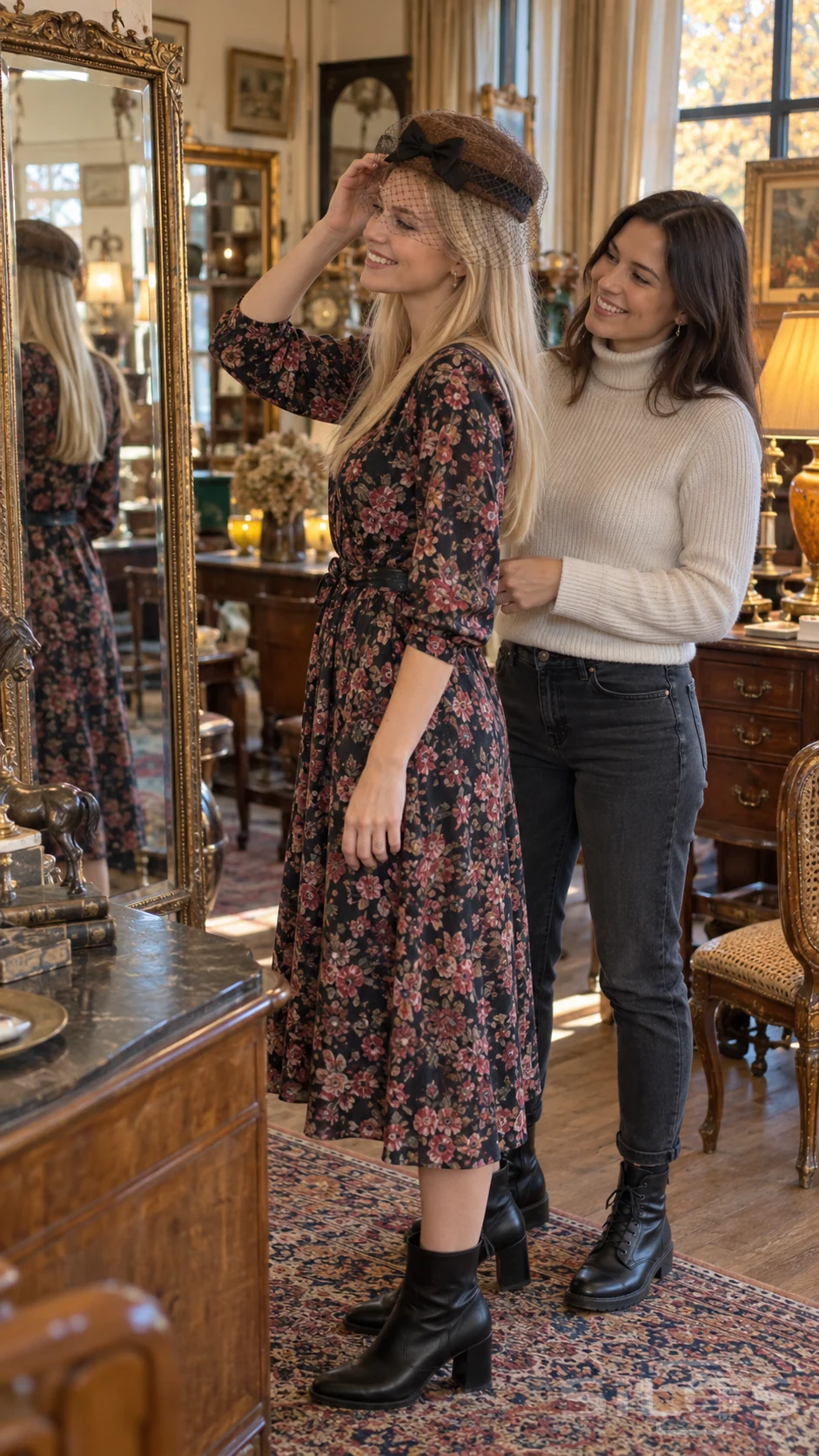 A woman in a floral dress tries a vintage veil while her friend laughs beside antique mirrors.