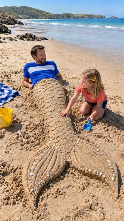 A father laughs beneath a sand mermaid tail while his daughter pats its scales beside a blue scoop on the beach.