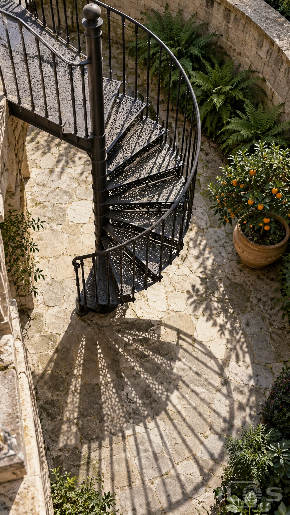 A black iron spiral stair casts patterned shadows across pale flagstones in a planted court with ferns and a citrus tree.