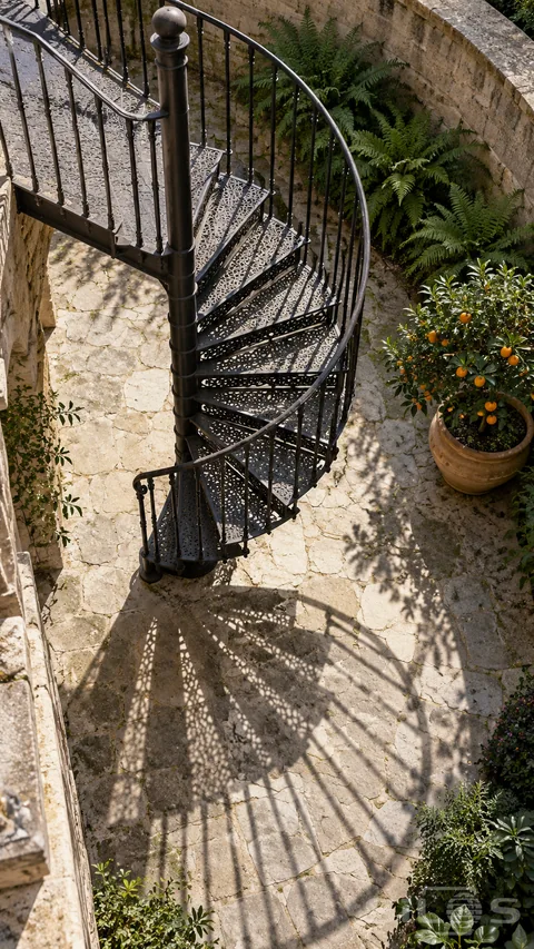 A black iron spiral stair casts patterned shadows across pale flagstones in a planted court with ferns and a citrus tree.