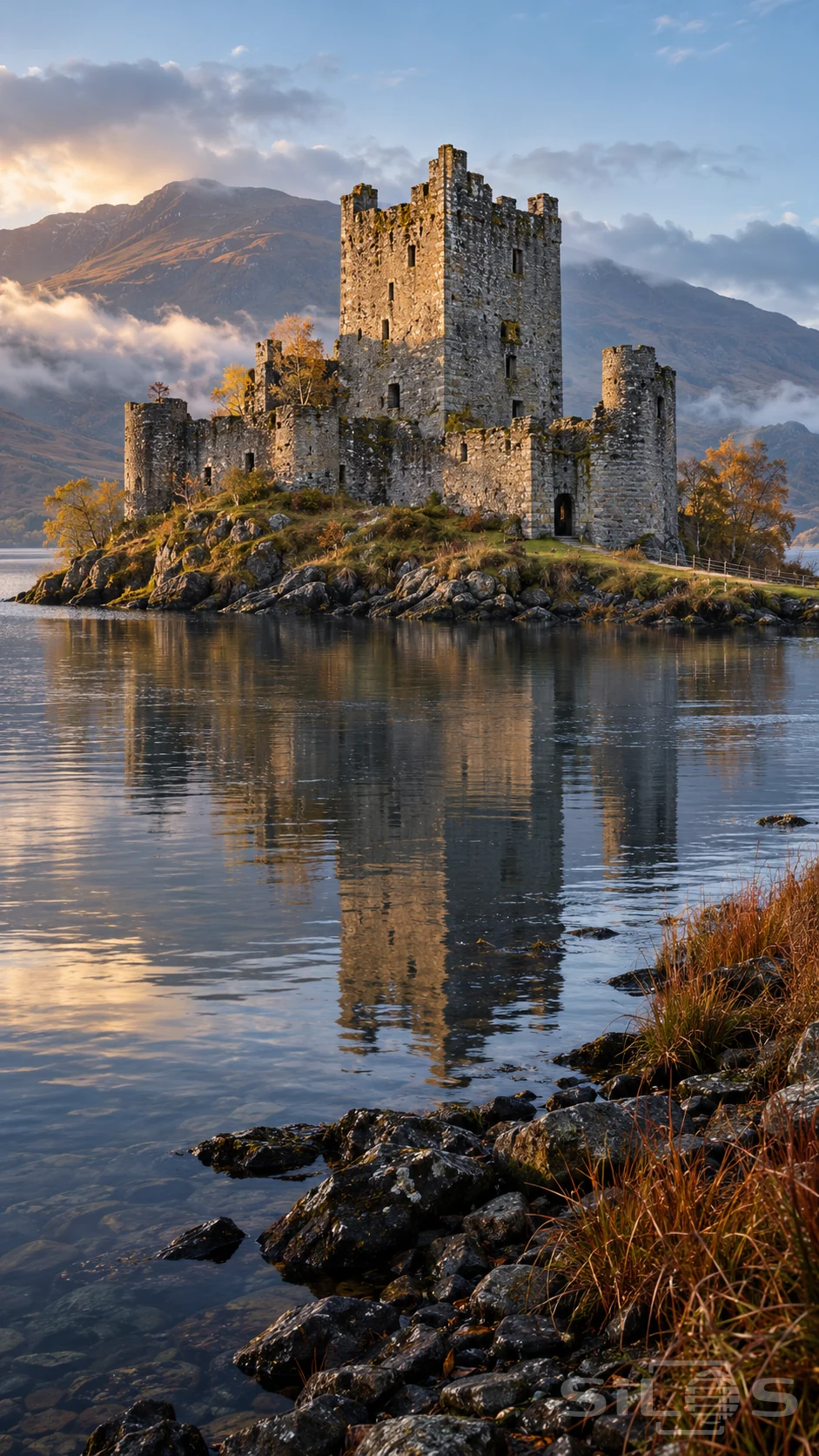 A roofless stone castle with a tall square keep stands on a rocky island, reflected in a loch beneath low cloud and autumn mountains.
