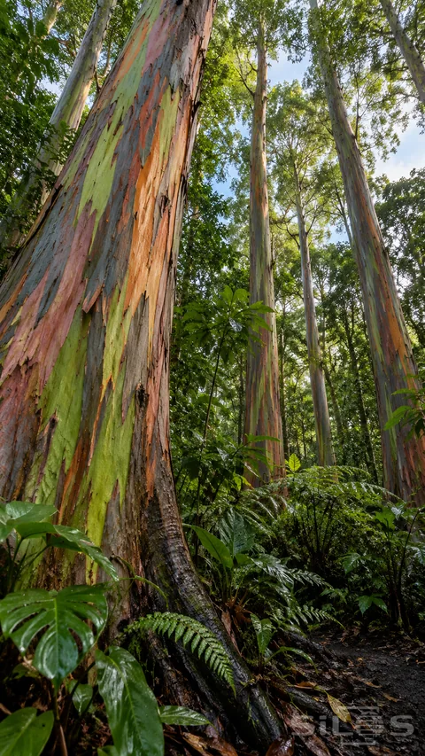 Rainbow eucalyptus trunks with green; rust and rose bark rise above ferns and dark damp forest ground.