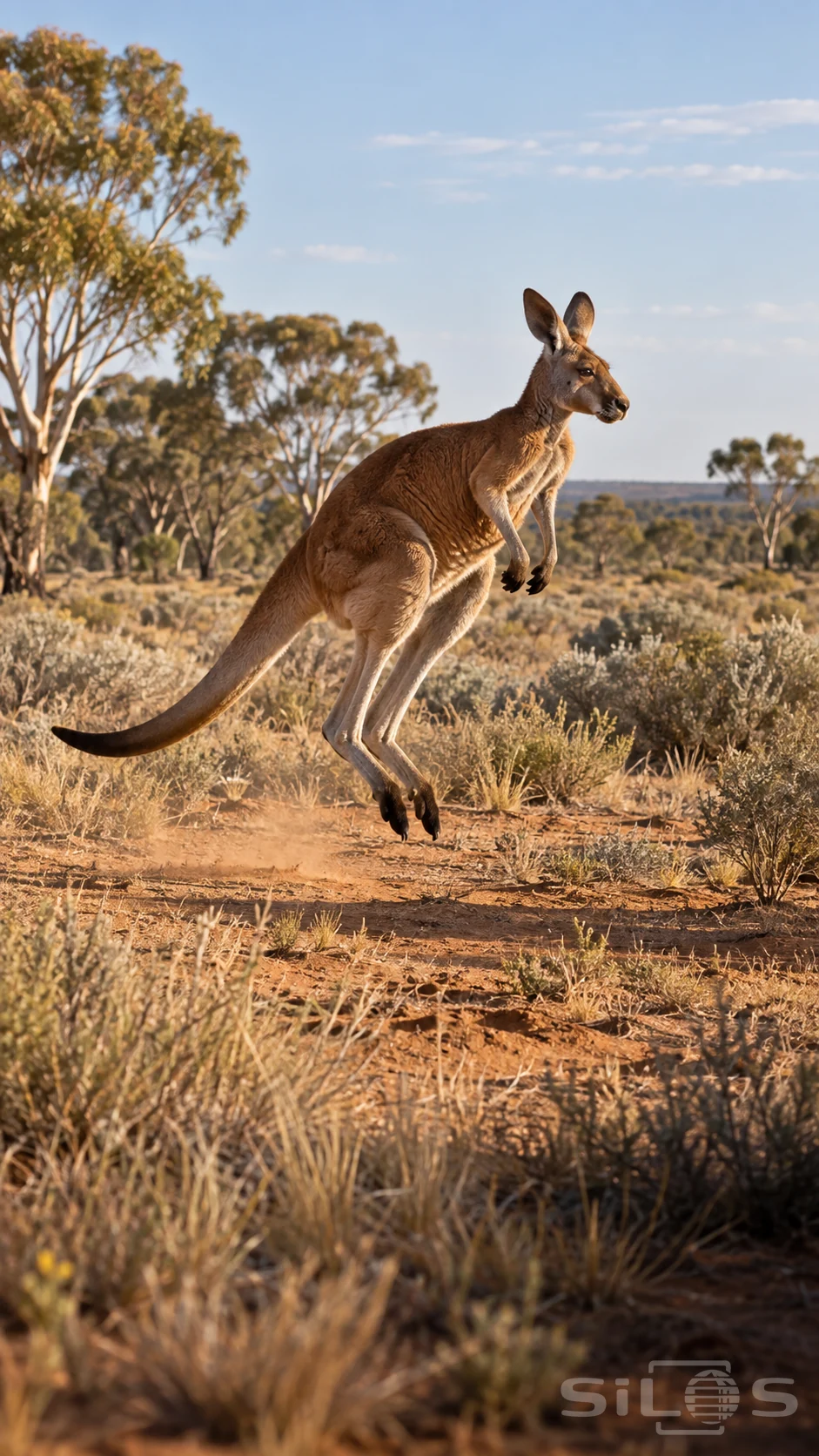 A rust-brown kangaroo hops above sandy scrub with both hindfeet airborne, short forearms held forward and a long tail trailing.