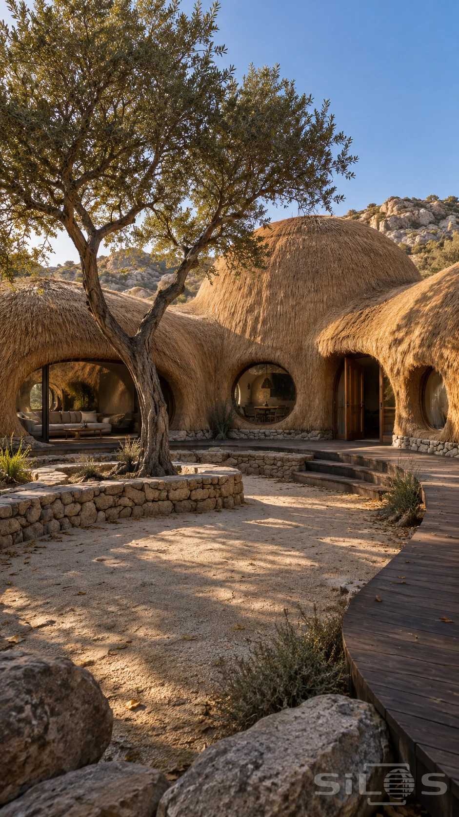Rounded rooms wrapped in golden thatch enclose a dry courtyard with a spreading tree, stone sitting wall and connected timber terrace.