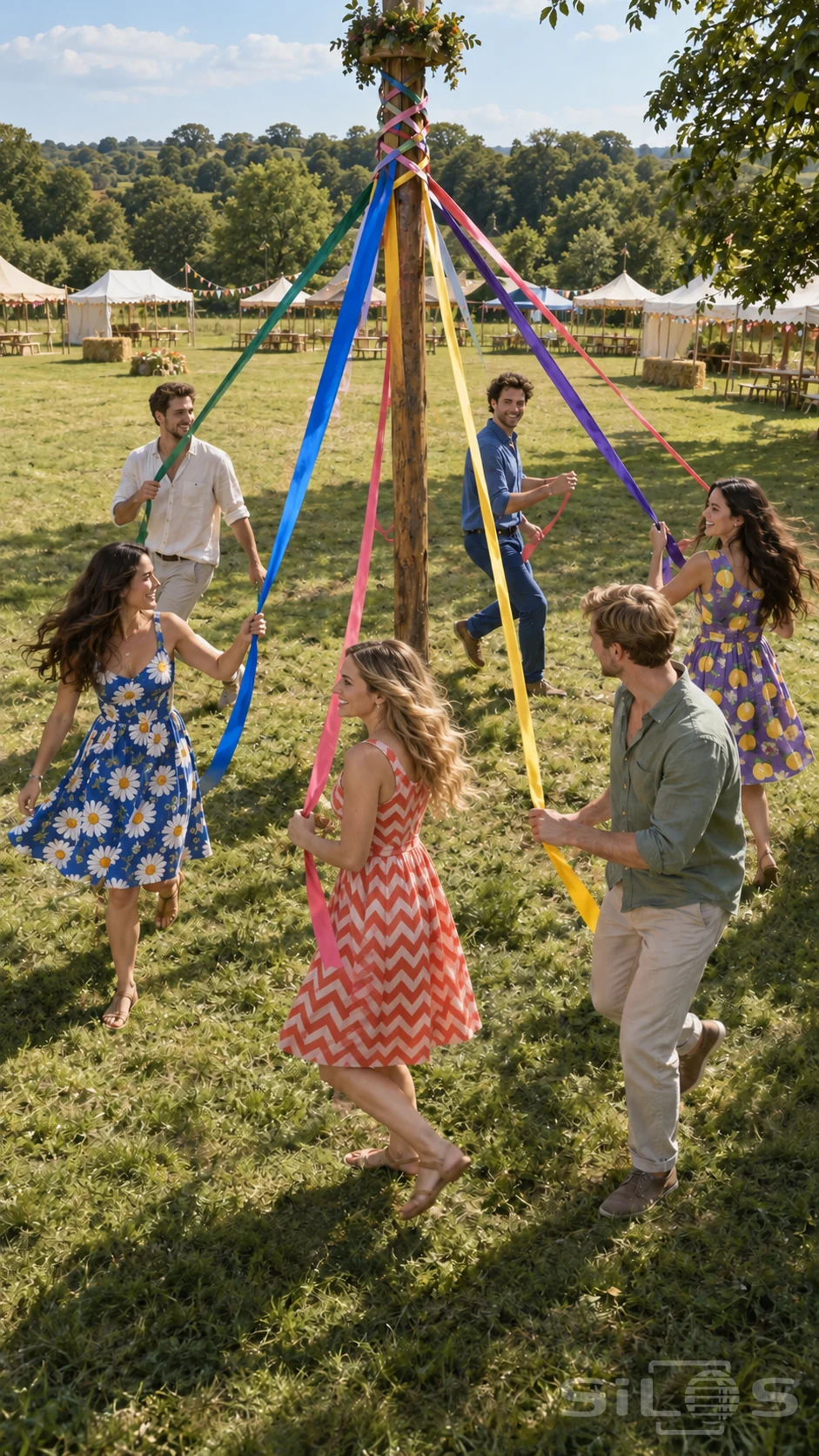 A meadow ribbon braid above six adults in patterned dresses and shirts, with satin ribbons reaching from their hands to a pole.