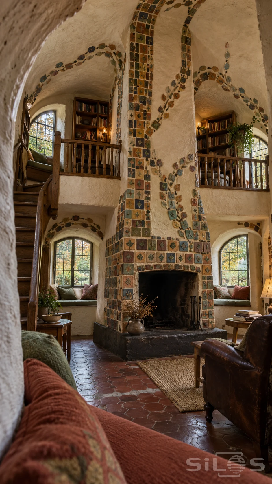 A tall botanical-tiled chimney divides two upper book galleries and lower window seats in a vaulted plaster reading room.