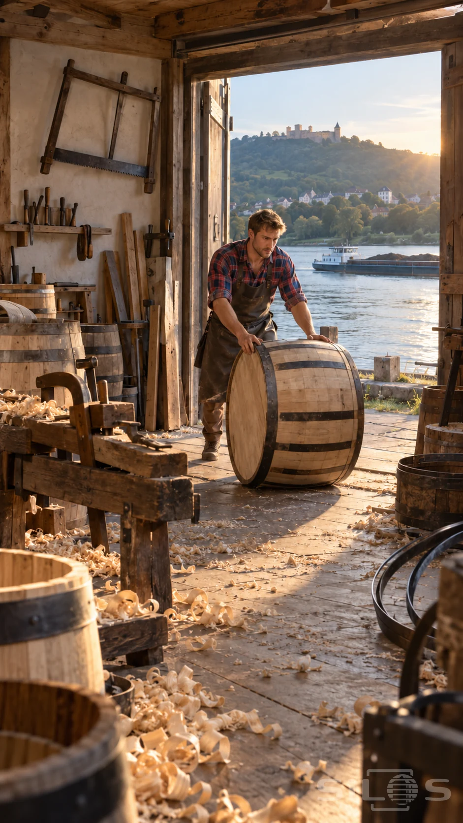 A cooper in a checked shirt and leather apron rolls an oak barrel through a riverside workshop doorway.