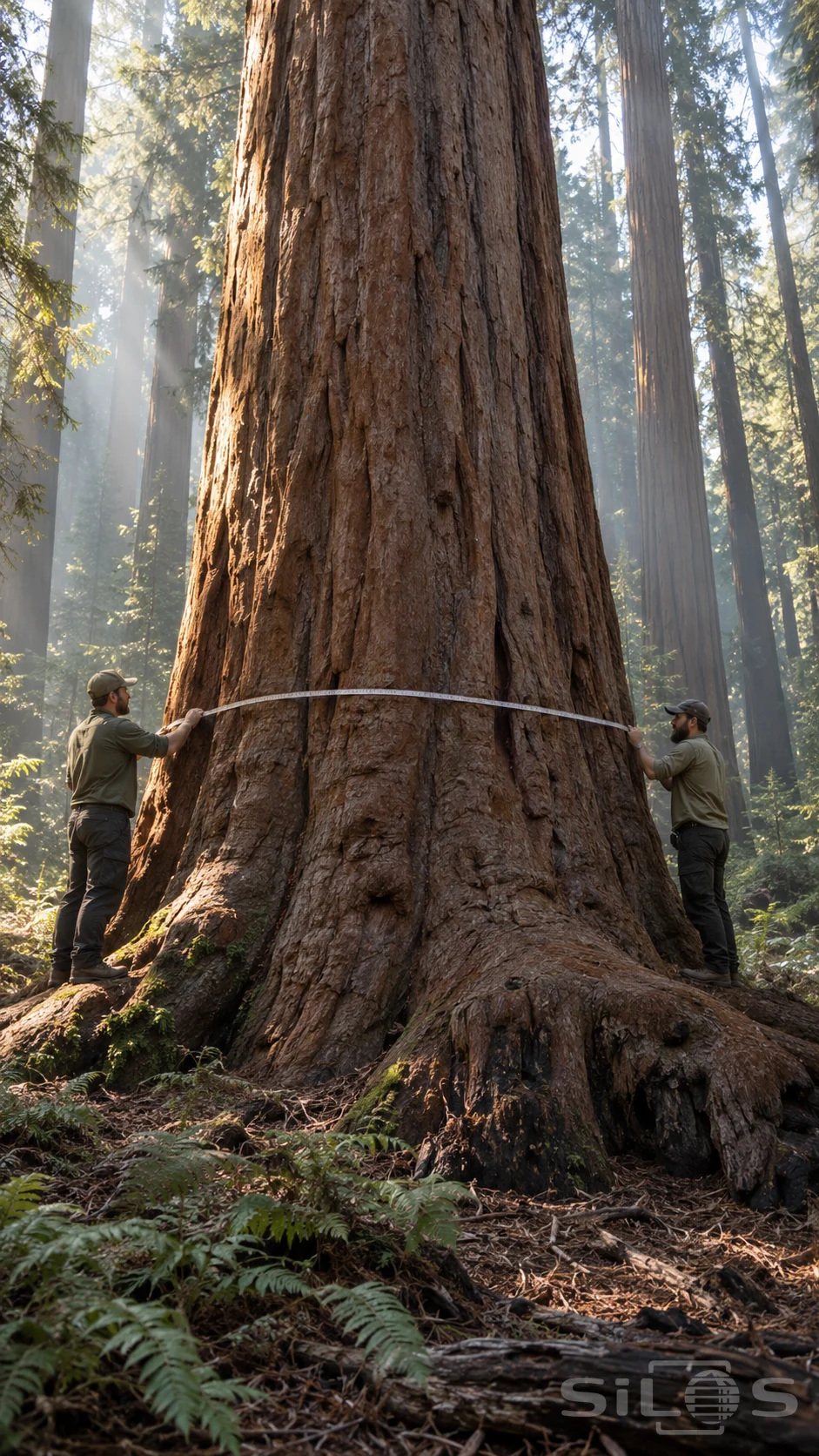 Two rangers hold a measuring tape around a giant sequoia trunk above flared roots and a fern-covered forest floor.