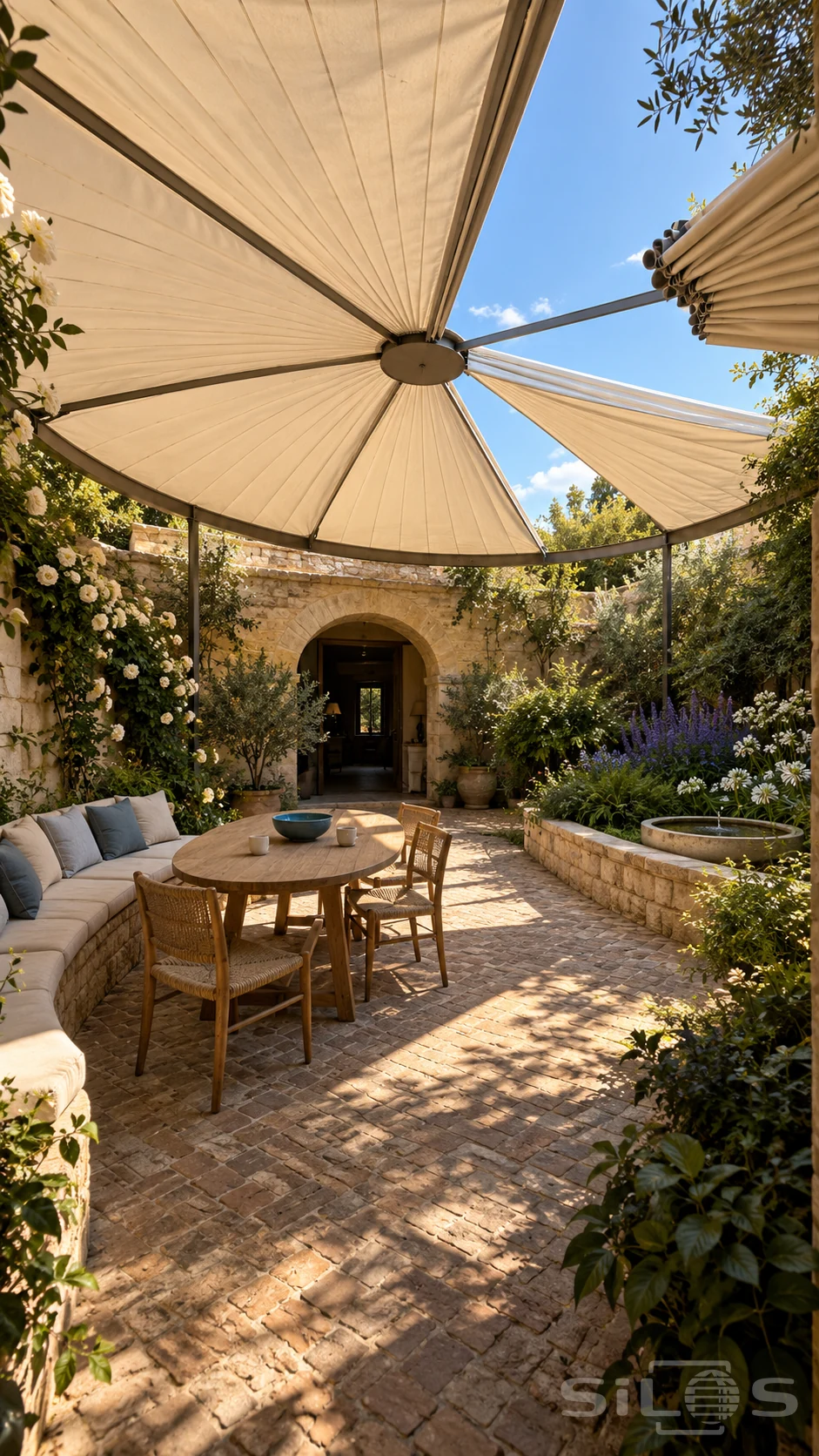 Large cream canvas roof sectors open above a curved stone courtyard with a cushioned bench, wooden table, roses and a water bowl.