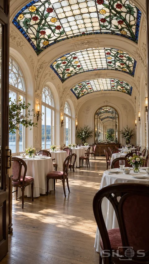 Lakeside dining room with a vaulted stained-glass rose ceiling; cream plaster arches; white tablecloths and pink upholstered chairs.
