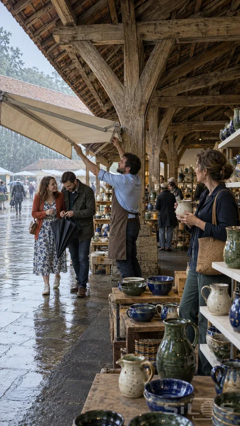 A shower crosses a ceramics market as a stallholder adjusts an awning and visitors fold an umbrella beside glazed pottery.